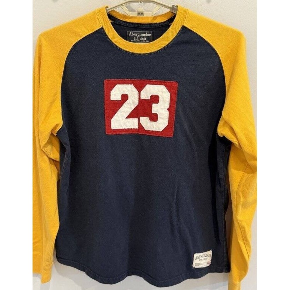 Abercrombie & Fitch Vintage Y2K Ringer Shirt 23 Patch Navy Yellow Red Cotton L